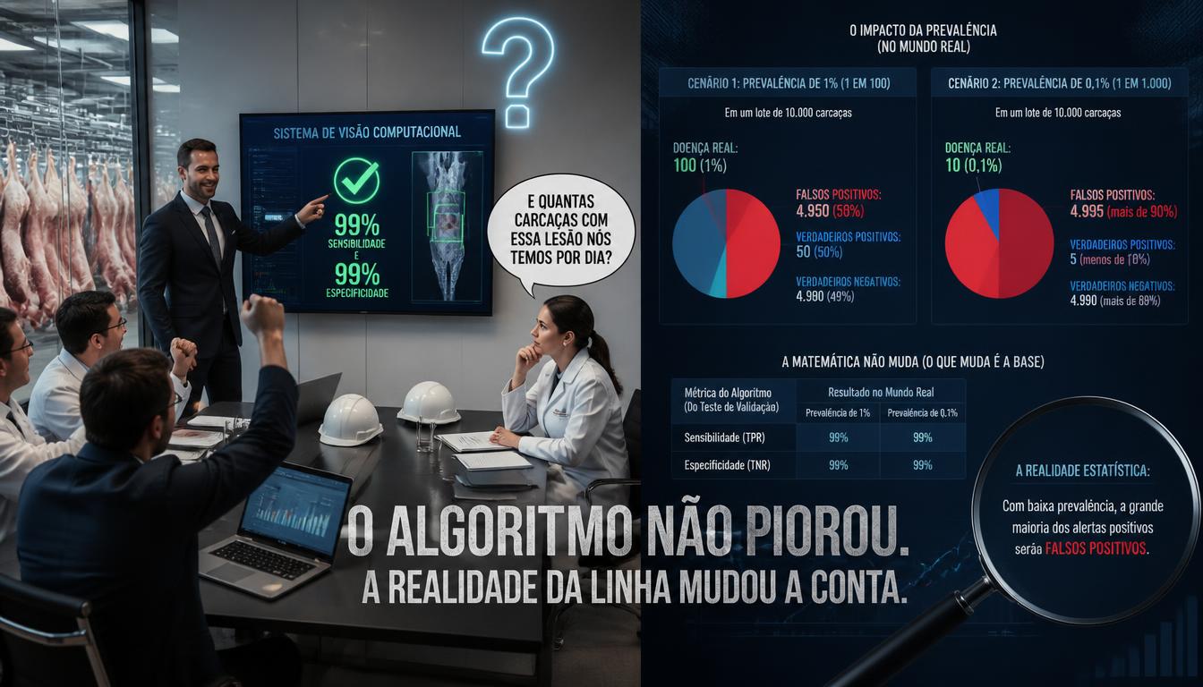 99% de acerto, metade dos alertas errados: a conta de prevalência que decide se um algoritmo serve para a inspeção