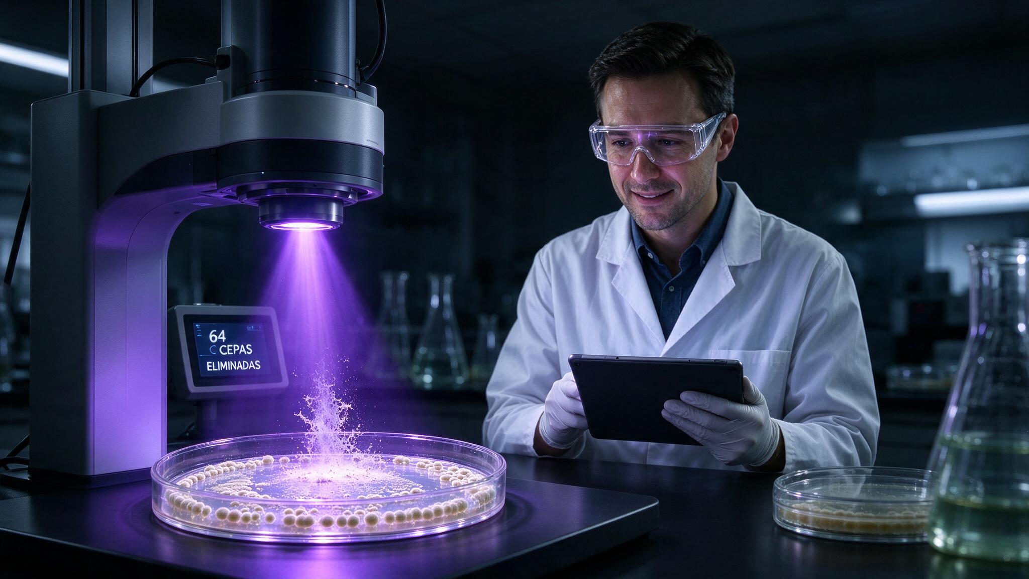 Luz violeta contra Campylobacter: 64 cepas eliminadas no laboratório — e o longo caminho até a linha de abate